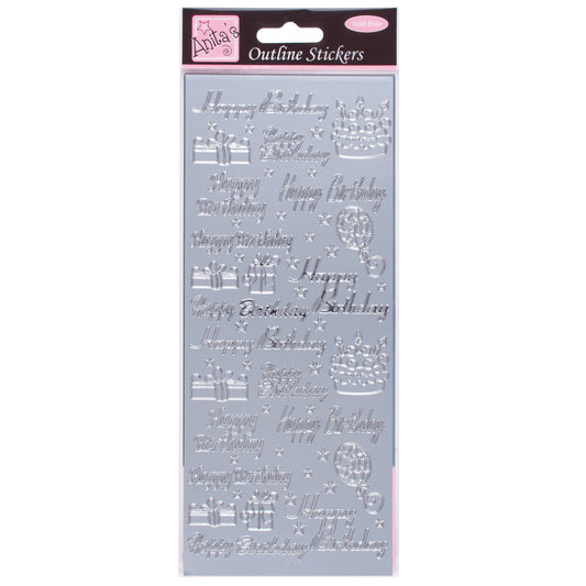 Anitas Outline Stickers, Happy Birthday Assorted, Silver