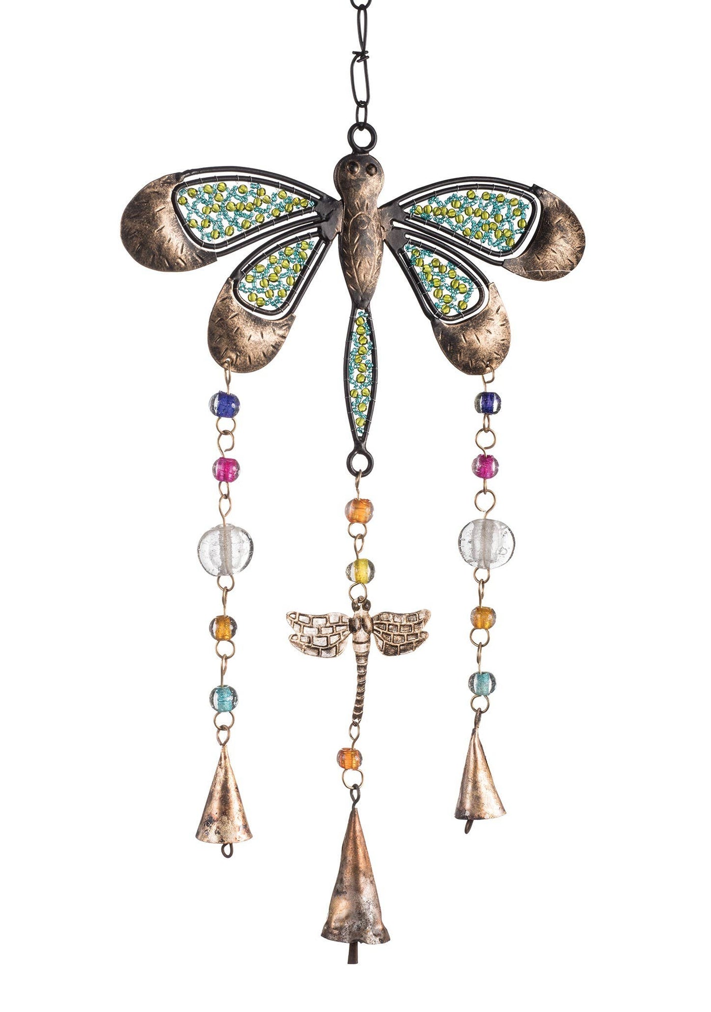 Dragonfly Iron Windchime With Mixed Glass Beads